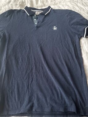 Vintage Penguin Men's Navy Polo Shirt with Contrast Trim large